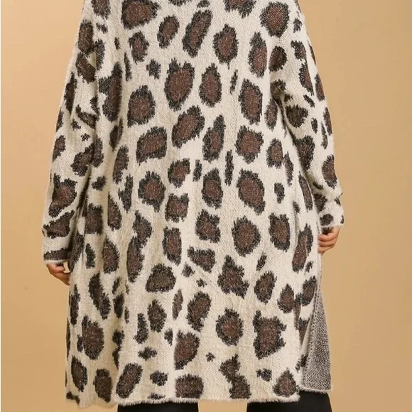 Umgee Fuzzy Eyelash Leopard Longline Open Front Cardi Cardigan Sweater - Picture 9 of 13